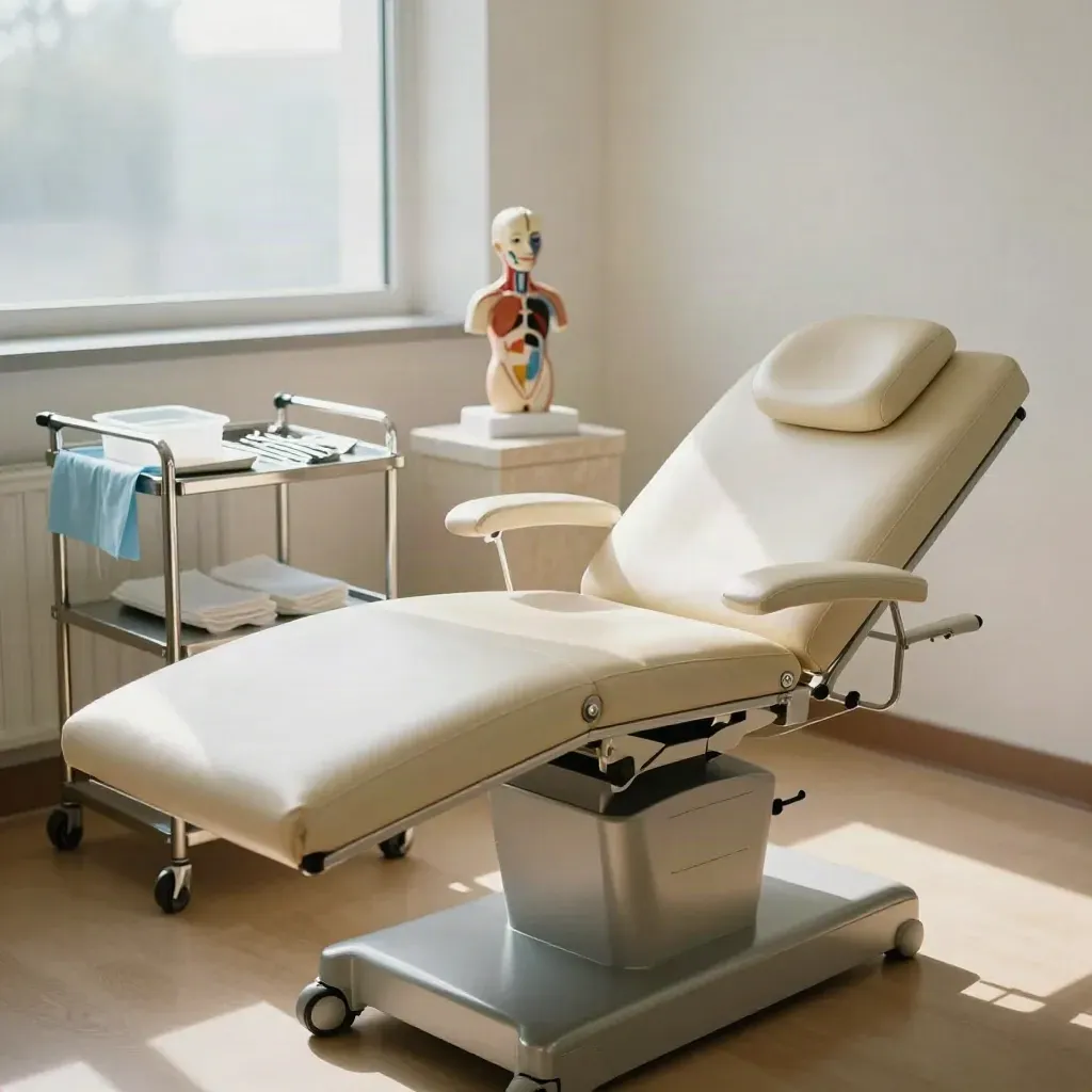 Sala visita chirurgica pronta, con lettino, carrello sterile e modello anatomico addominale.