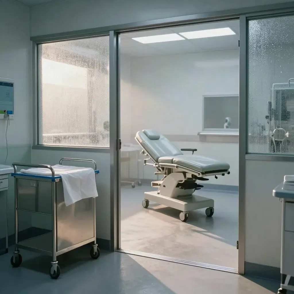 Sala chirurgica vuota con carrello inox, lettino e corridoio lucido all’alba
