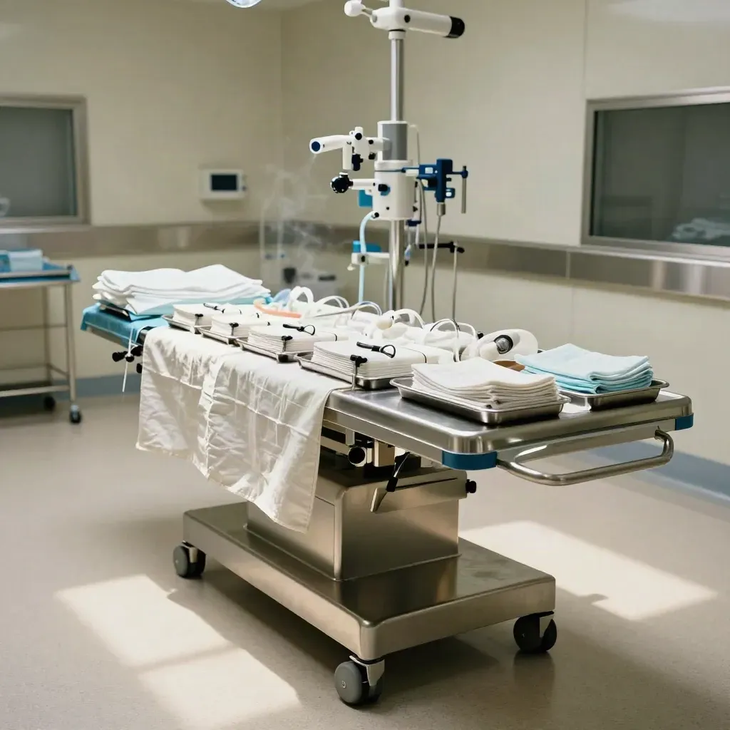 Sala operatoria con tavolo strumenti e materiali preparati, luce clinica e atmosfera sospesa.