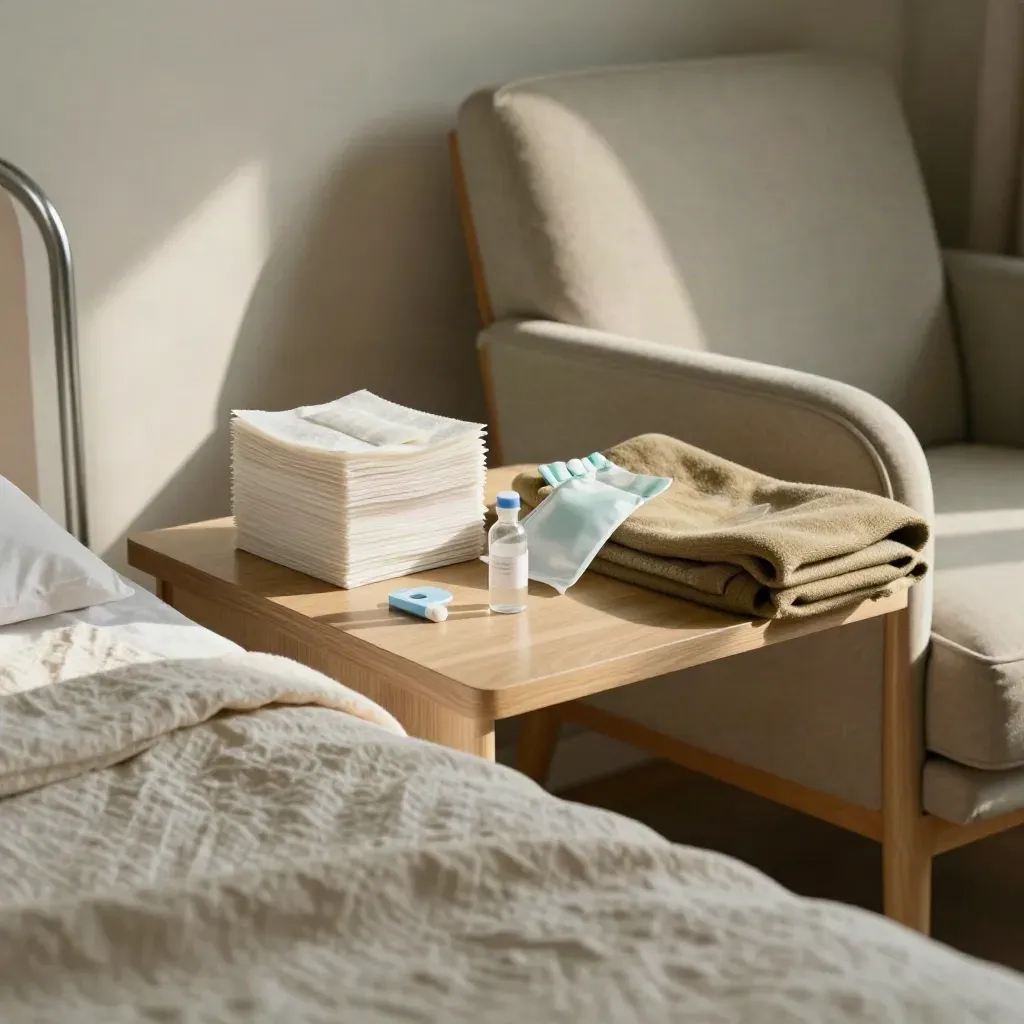 Oggetti per il controllo post-operatorio su un comodino in una stanza tranquilla.