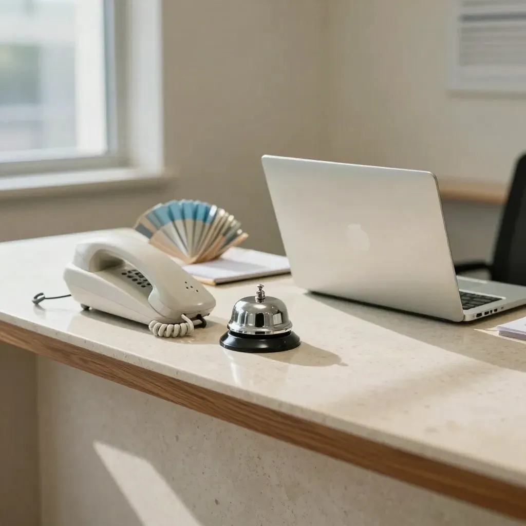 Bancone clinico con telefono, campanello e laptop chiuso in luce calda.