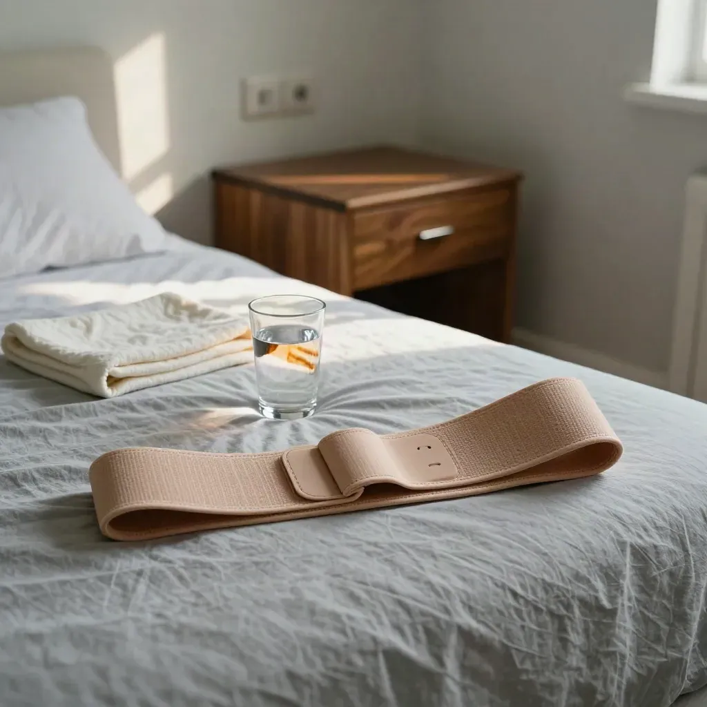 Angolo letto con cintura addominale, bicchiere d’acqua e coperta piegata, luce calda del pomeriggio.
