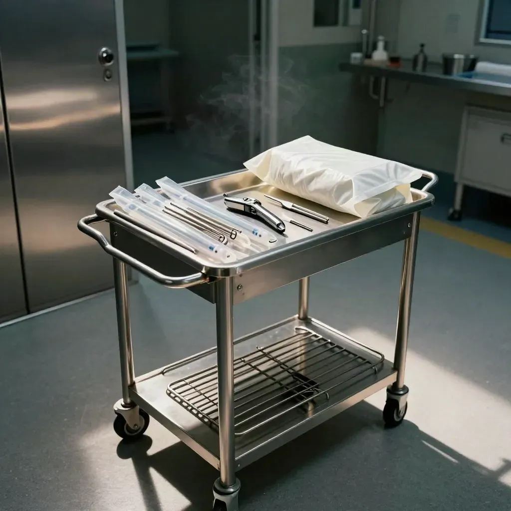 Carrello chirurgico per colecisti con trocars e set sterile pronto, in sala operatoria buia.