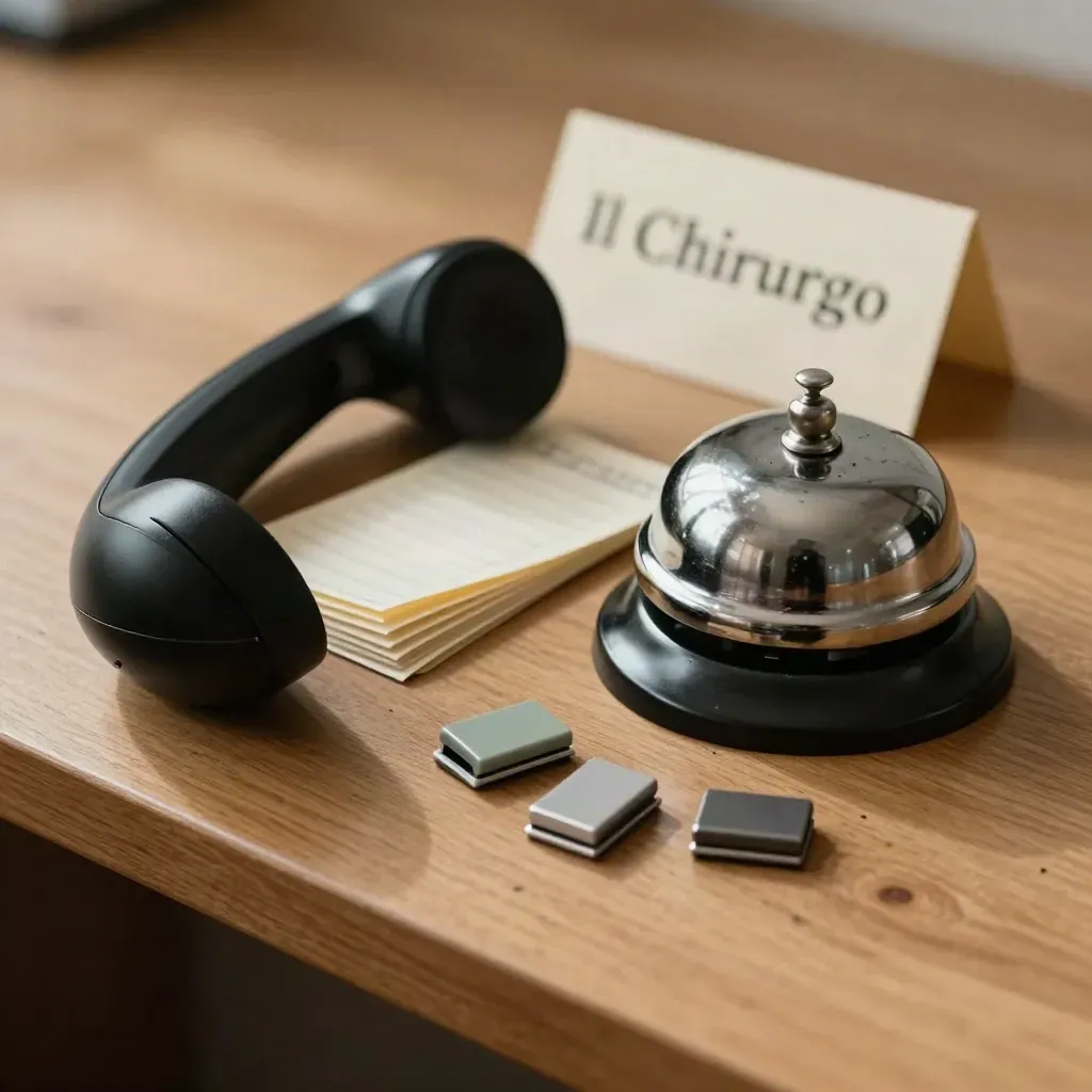 Telefono, campanello e schede appuntamenti su rovere, luce radente.