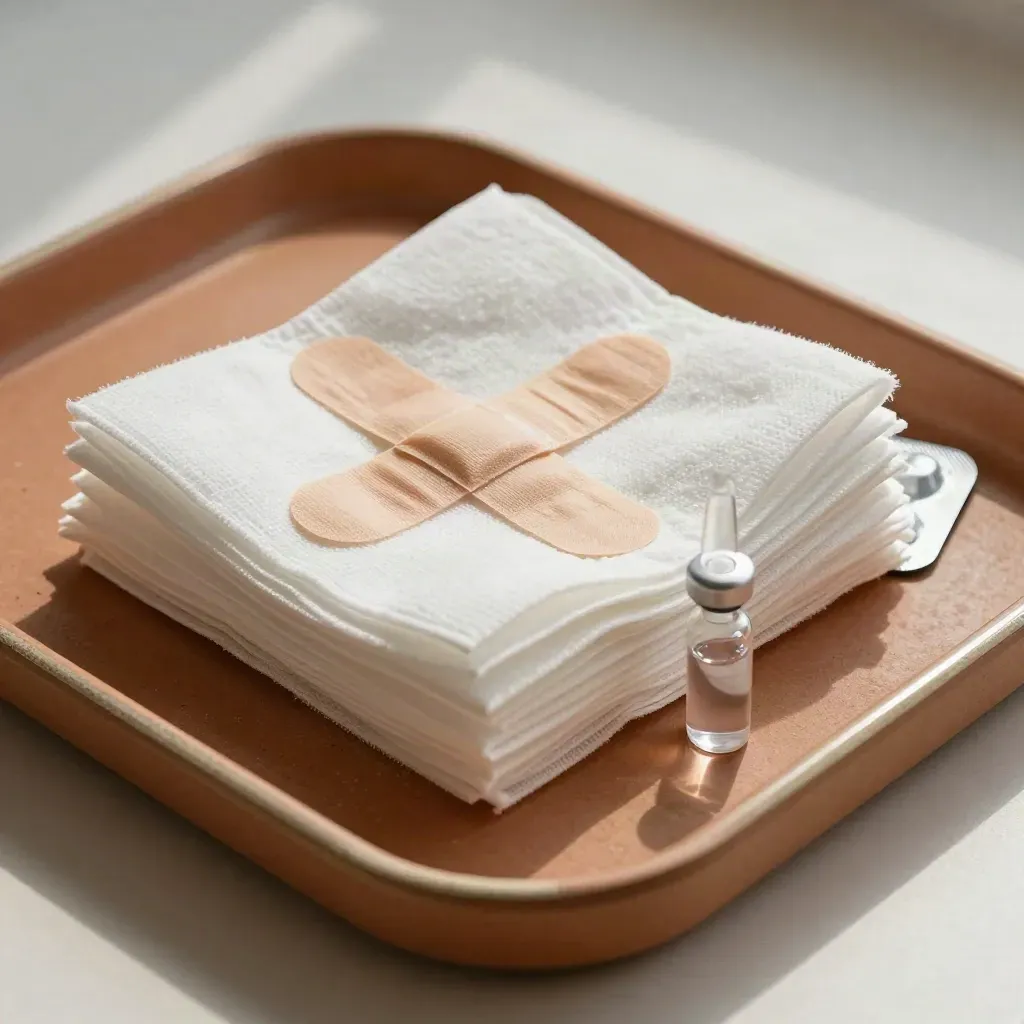 Kit di medicazione post-operatoria con garze, cerotti e fiala di soluzione salina su fondo terracotta.