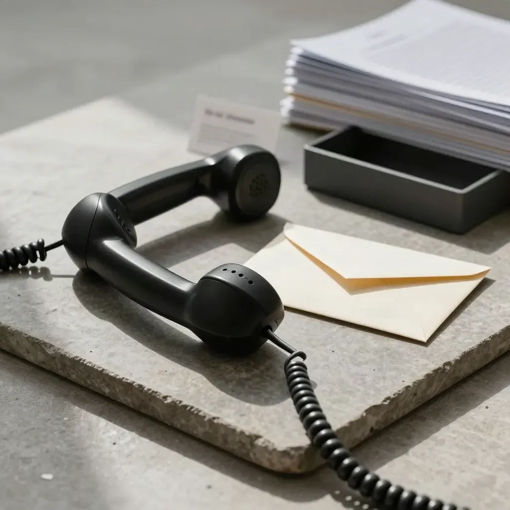 Telefono nero, busta sigillata e vaschetta in pietra grigia, con luce morbida laterale.