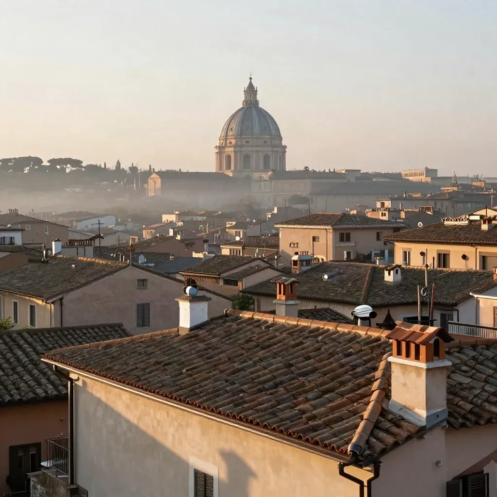 Tetti in travertino di Roma all’alba con una cupola lontana e foschia calda sul Lazio.