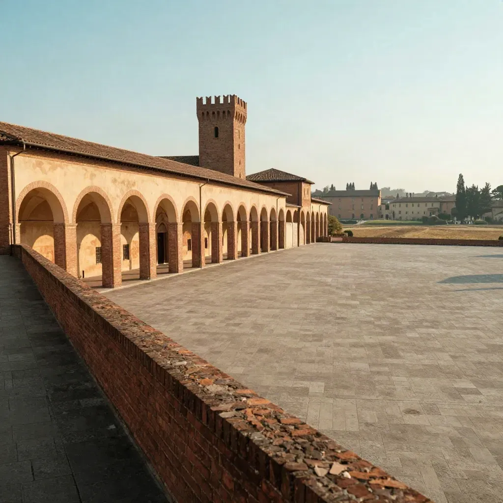 Panoramica dorata di Bologna con portici, torre lontana e pianura morbida sullo sfondo.